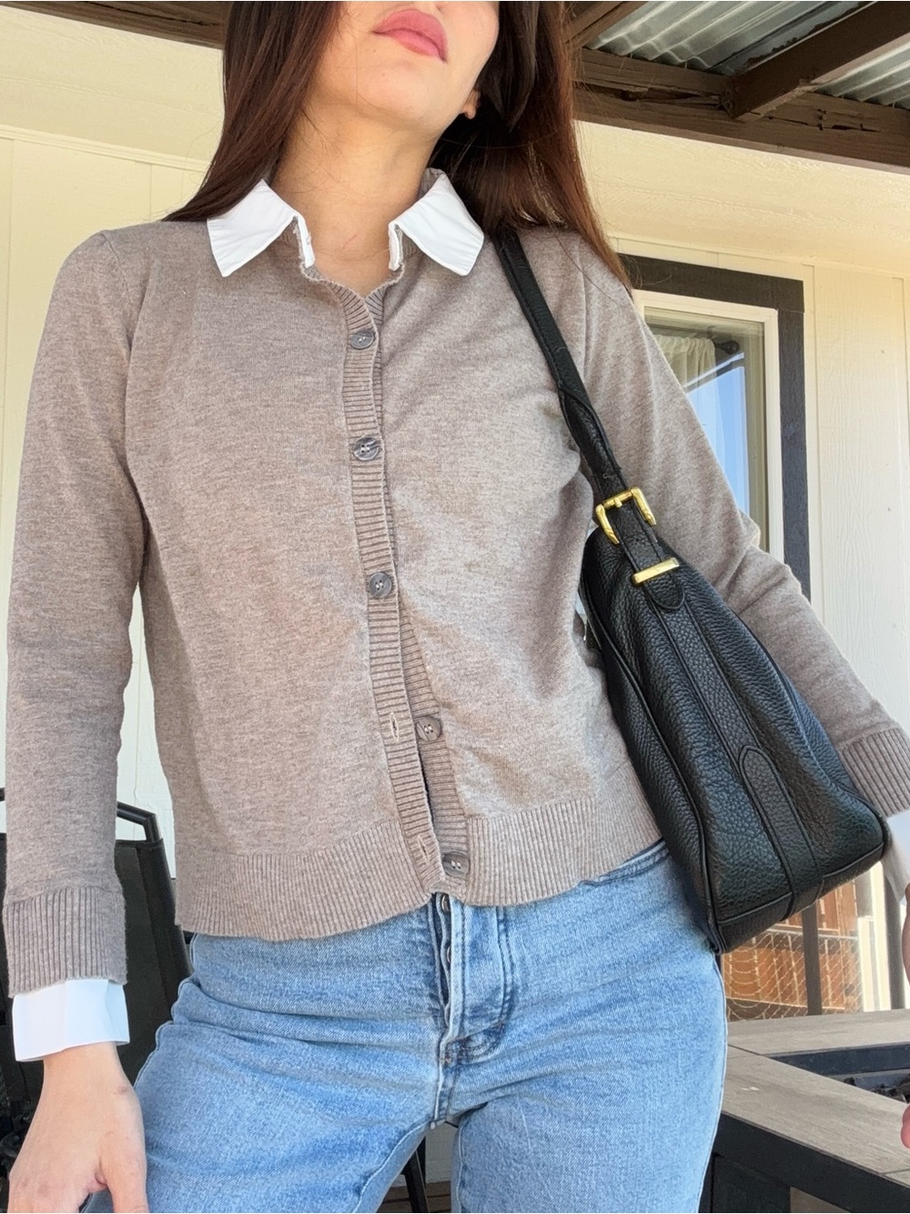 Sioni Taupe Knit Top with White Trim